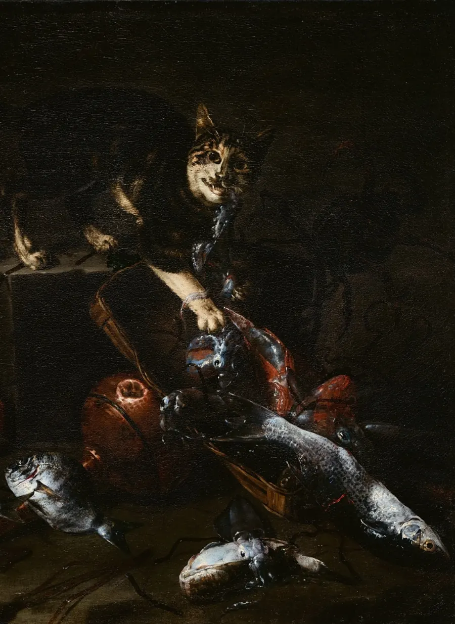 A Cat Stealing Fish by Giuseppe Recco from the Italian cat art collection